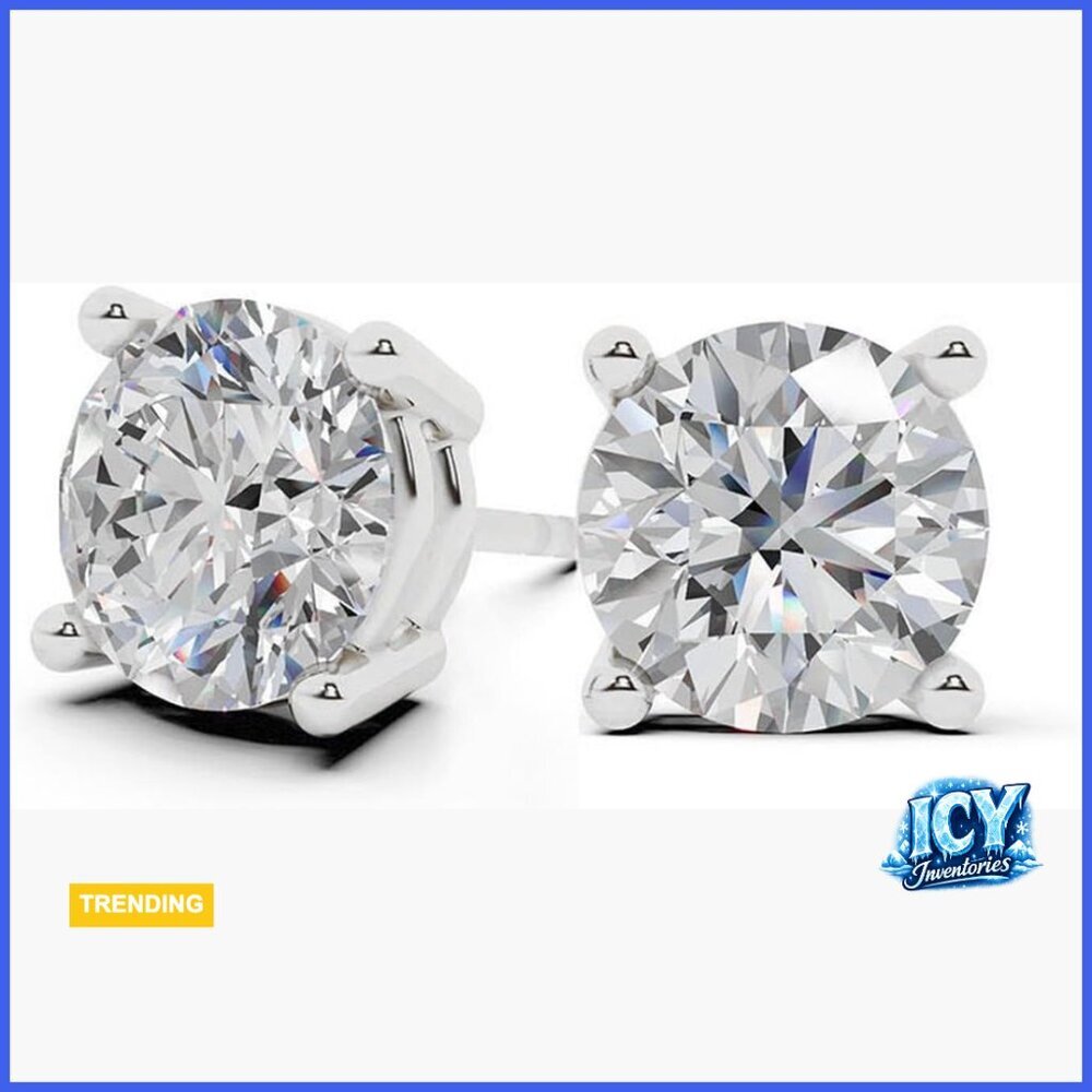 Sterling Silver Lab Grown Diamond Stud Earrings, Round Cut, 1 Carat